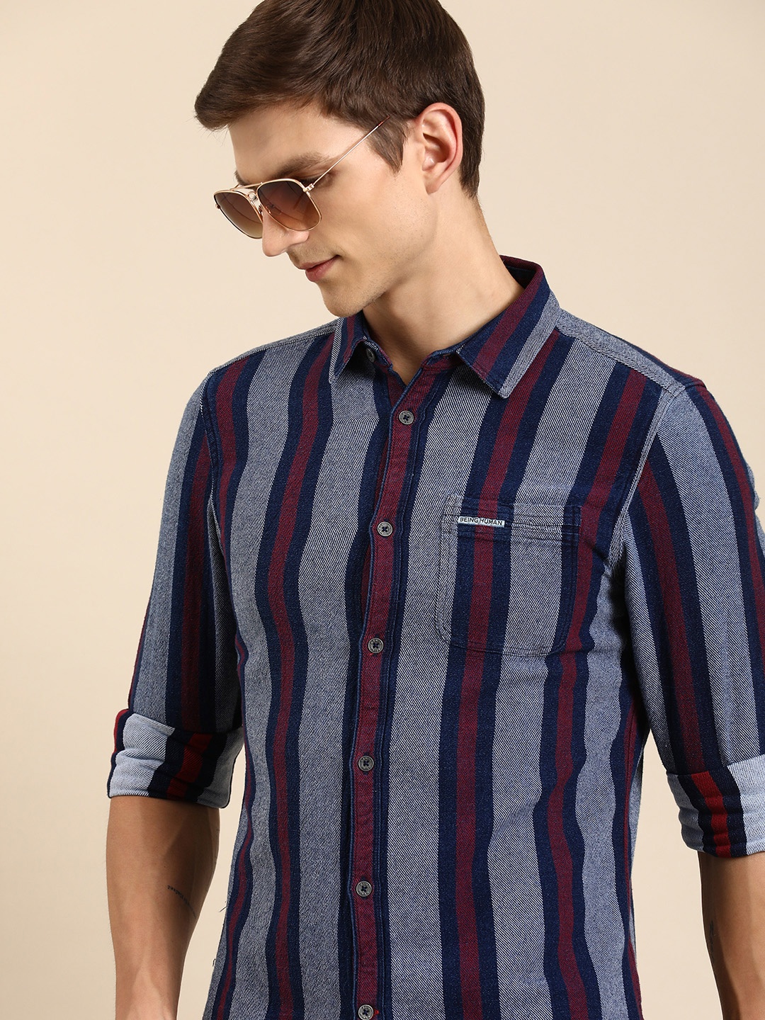 

Being Human Pure Cotton Slim Fit Striped Casual Shirt, Grey