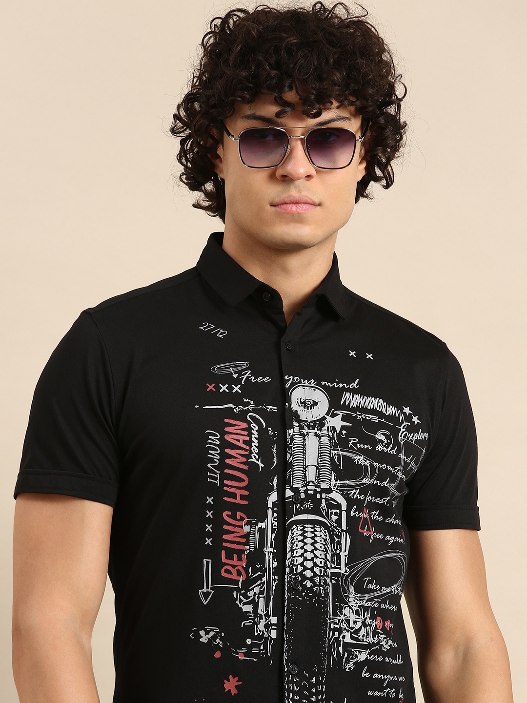 

Being Human Men Pure Cotton Super Slim Fit Printed Casual Shirt, Black