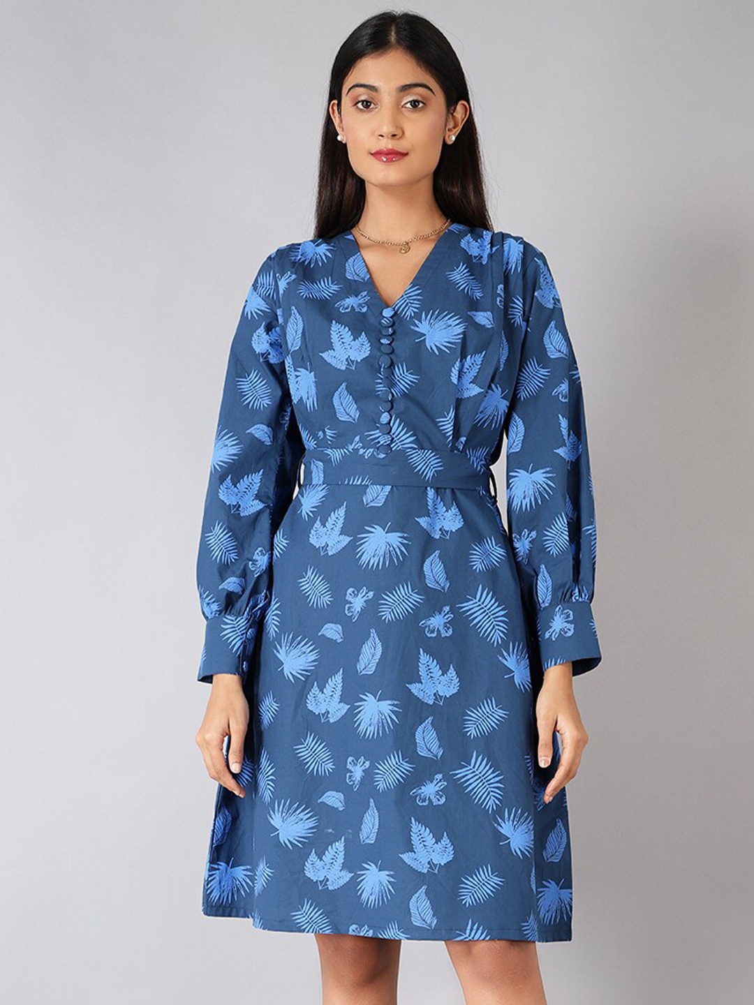 

INDOPHILIA Floral Print V-Neck Pure Cotton Fit & Flare Dress, Blue