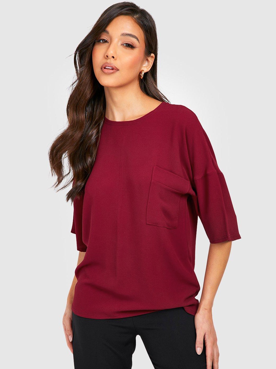 

Boohoo Textured Flutter Sleeve Top, Maroon