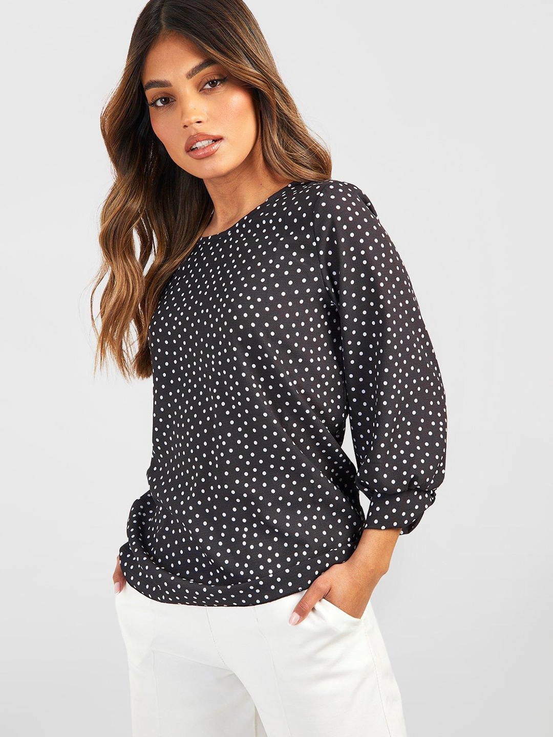 

Boohoo Polka Dot Print Puff Sleeves Monochrome Top, Black