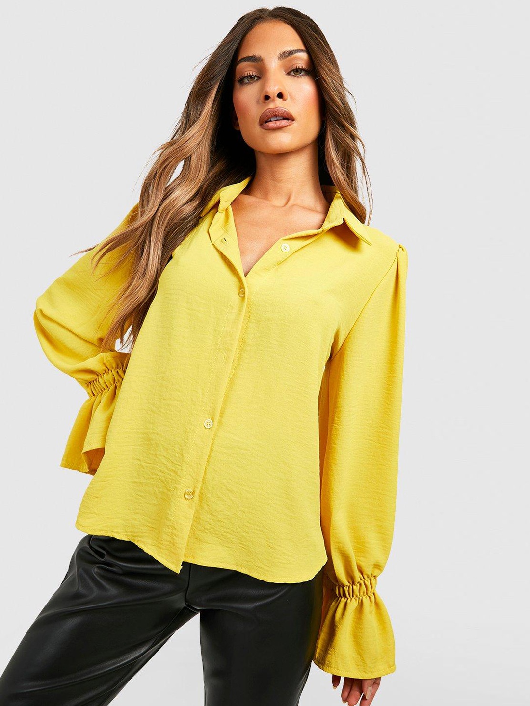 

Boohoo Bell Sleeve Shirt Style Top, Mustard