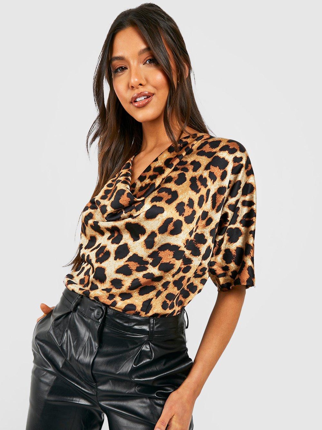 

Boohoo Animal Print Cowl Neck Extended Sleeves Top, Brown