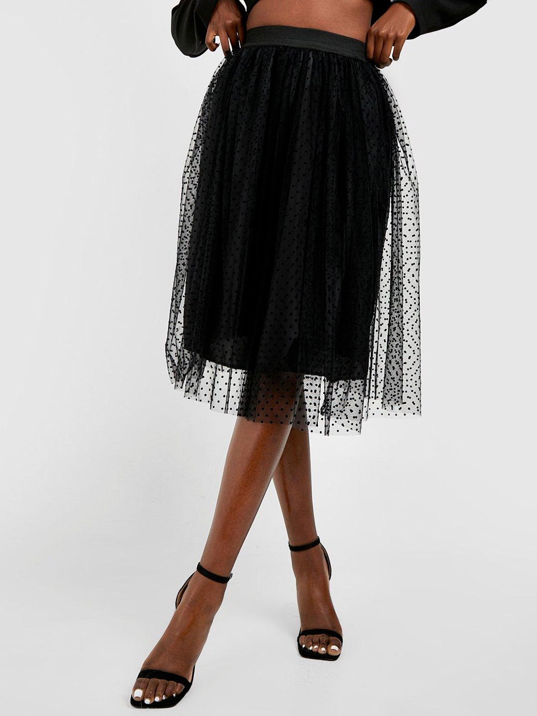 

Boohoo Polka Dot Lace Flared Skirt, Black