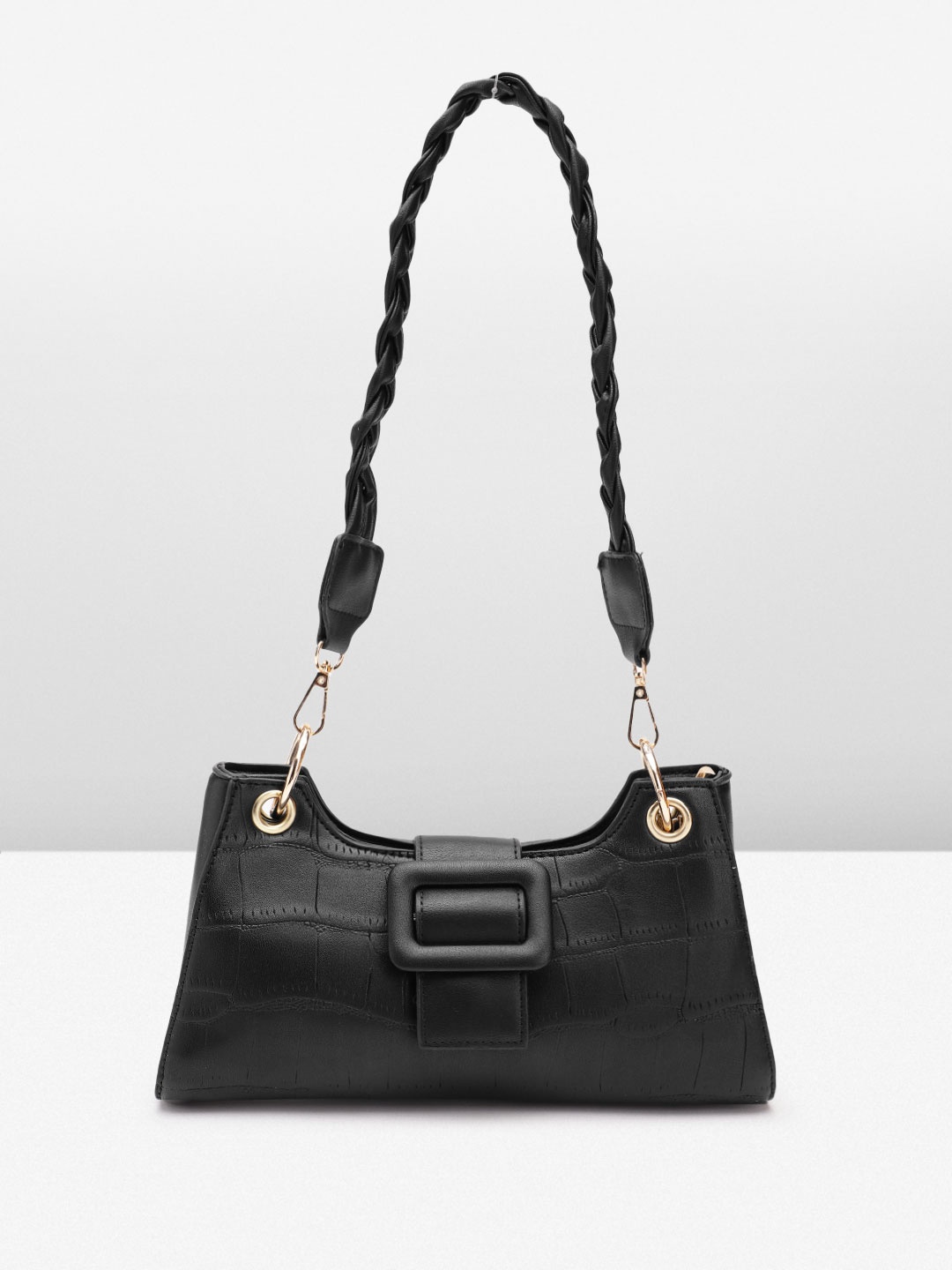 

Boohoo Textured Structured Baguette Bag with Buckle Detail, Black