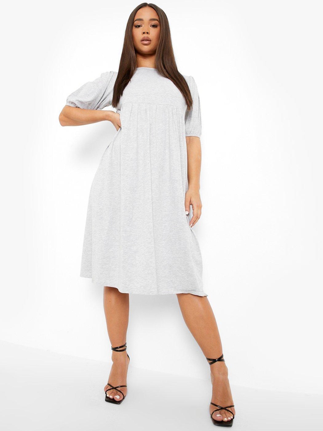 

Boohoo Puff Sleeve A-Line Midi Dress, Grey melange