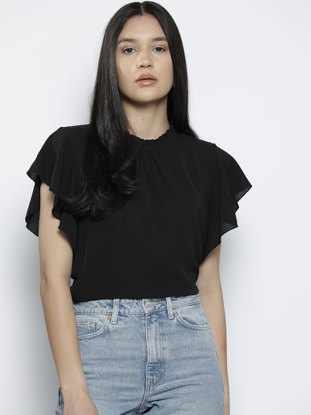 

Boohoo Frilled Neck Flutter Sleeve Top, Black