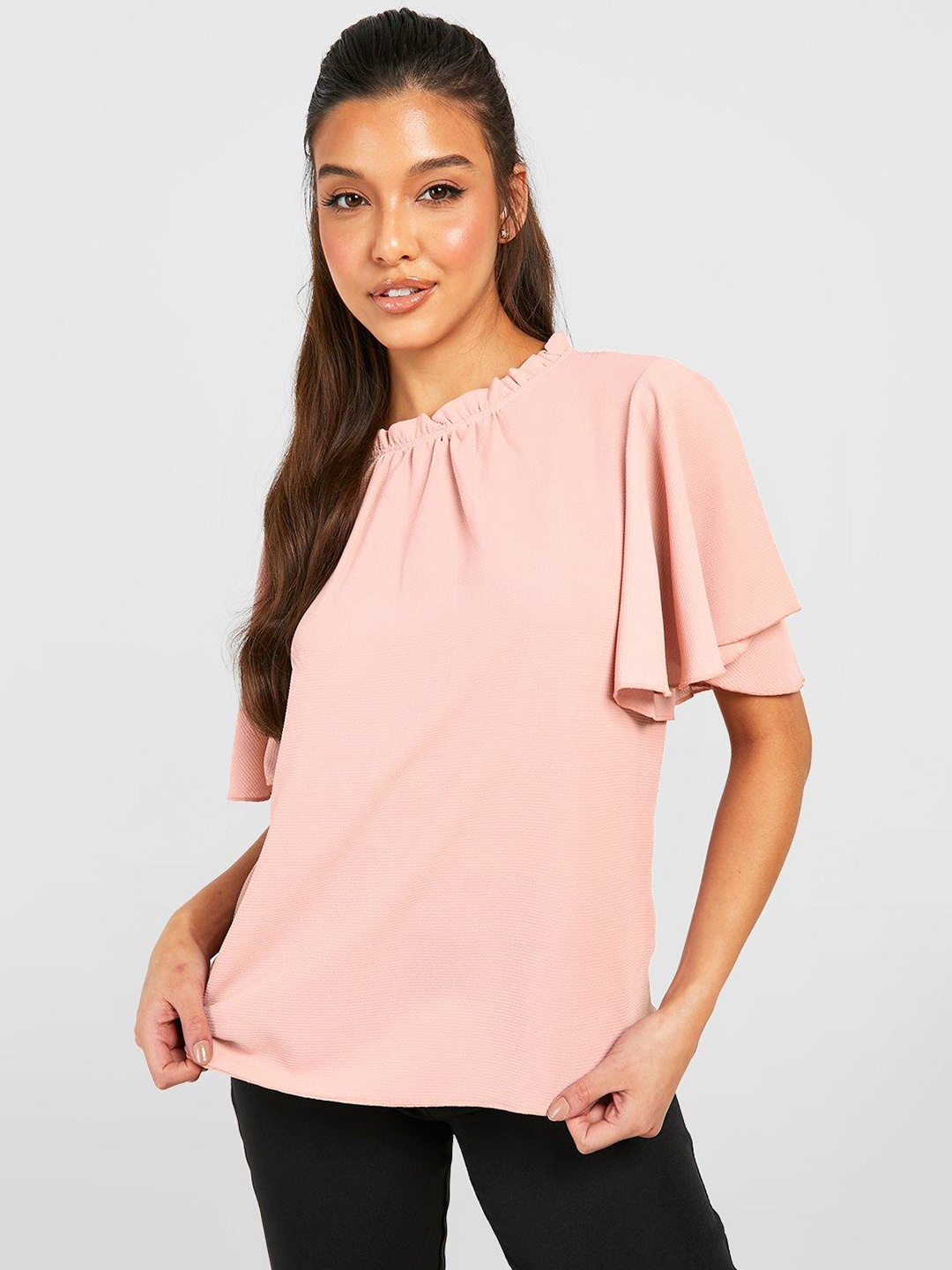 

Boohoo Flutter Sleeve Top, Pink