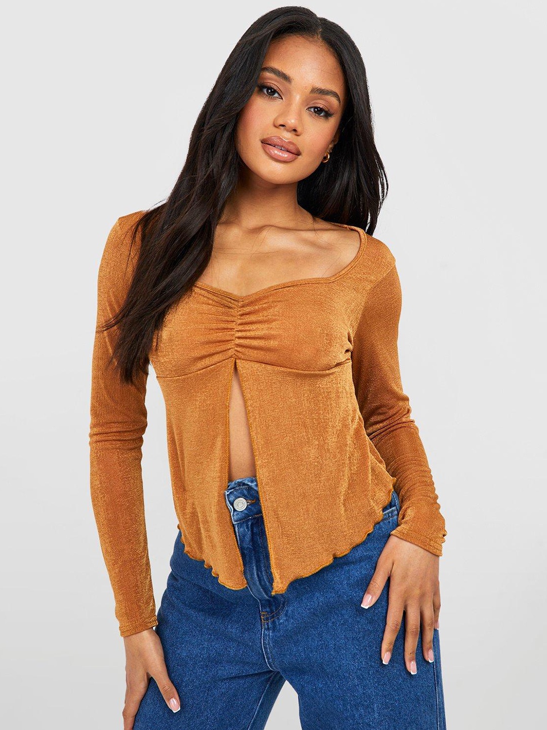 

Boohoo Shimmery & Ruched Detail Front Slit Top, Mustard