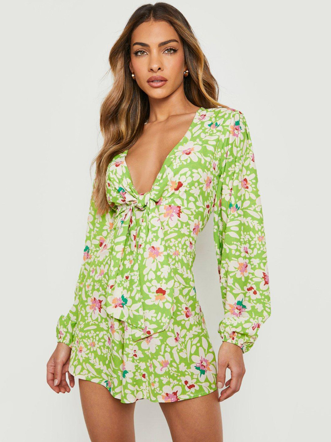 

Boohoo Floral Print Tie-Up Front Plunge Neckline Playsuit, Green