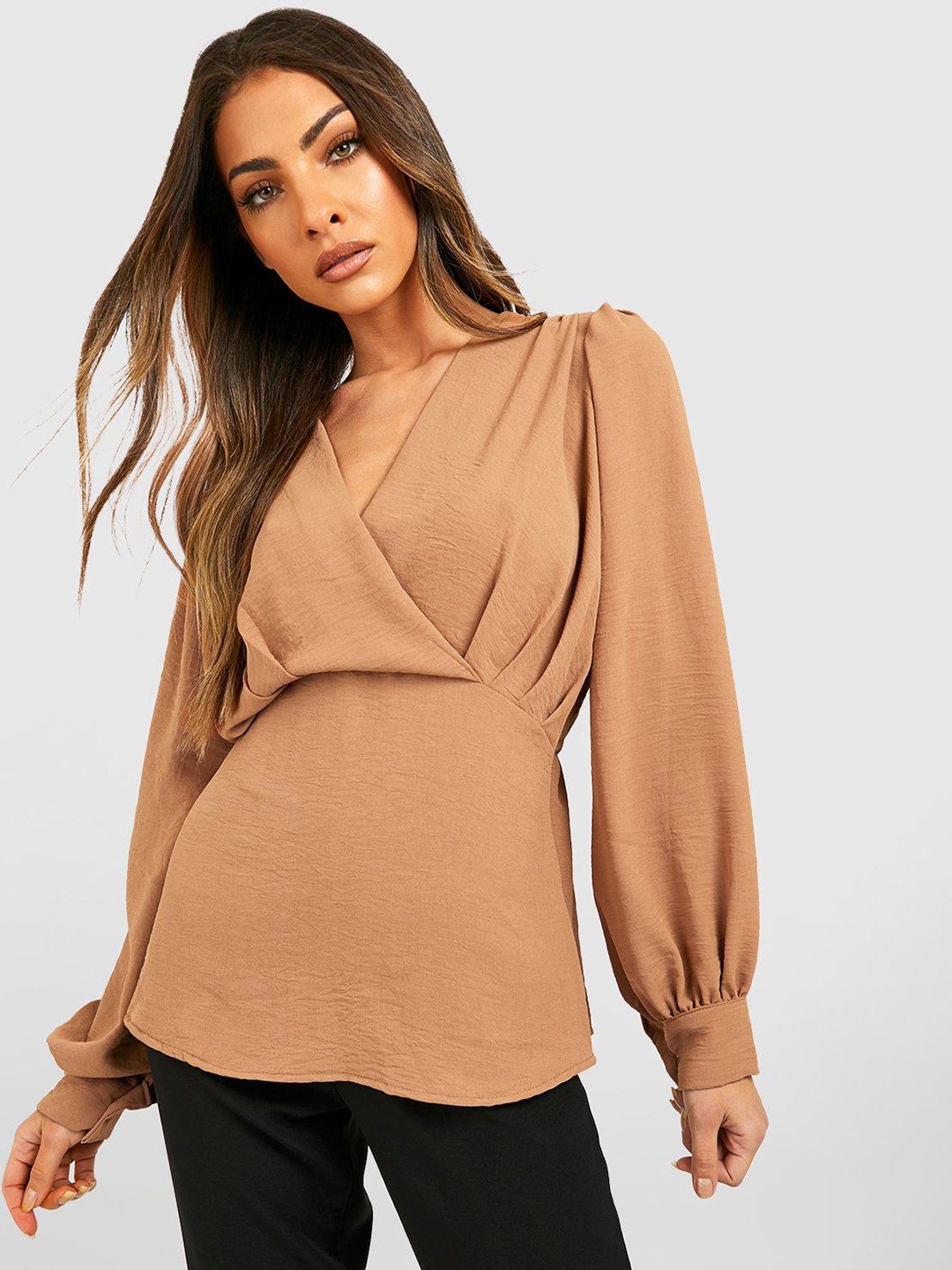 

Boohoo Puff Sleeves Layered Wrap Top, Khaki