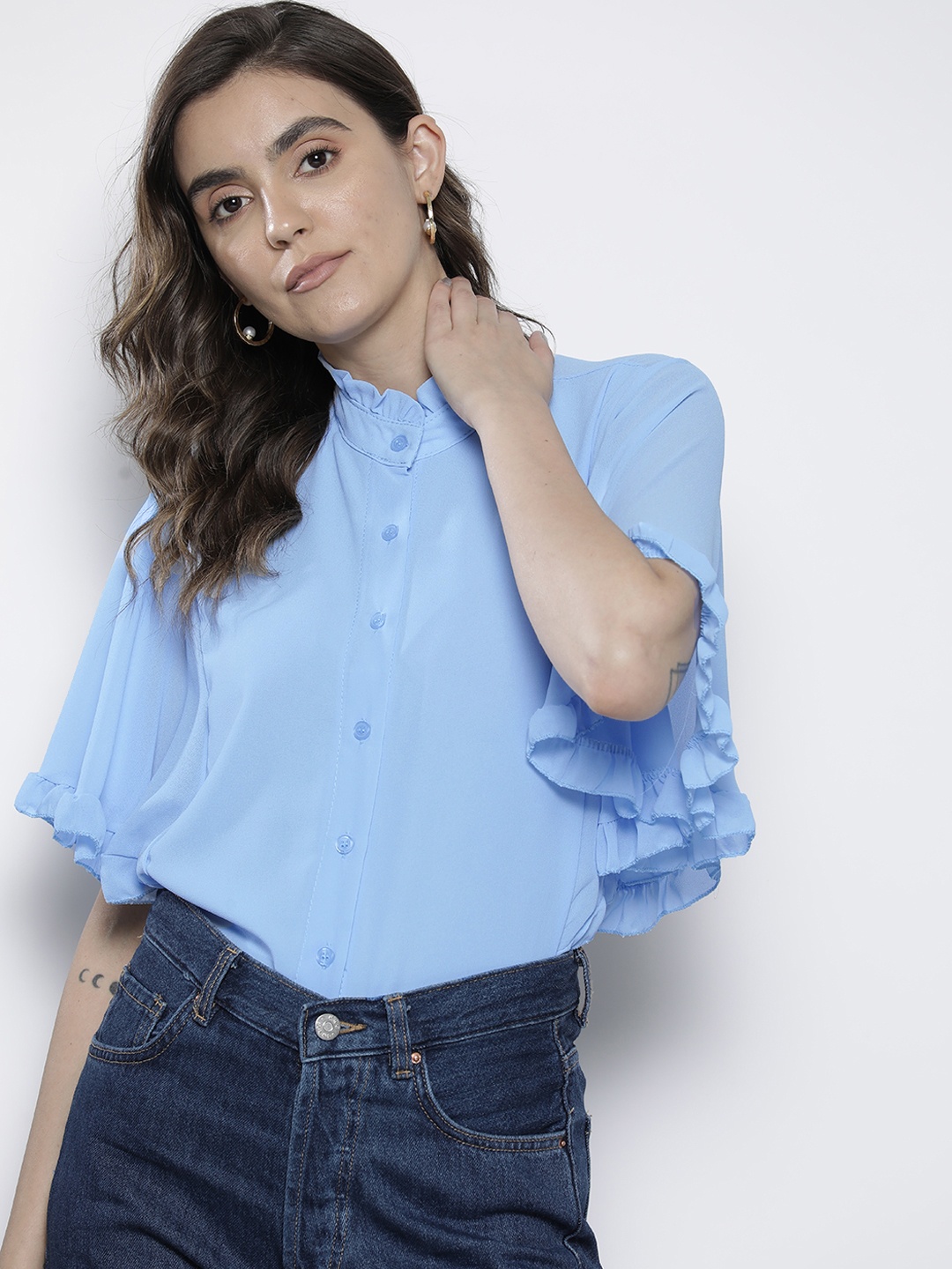 

Boohoo Blue Mandarin Collar Ruffles Top