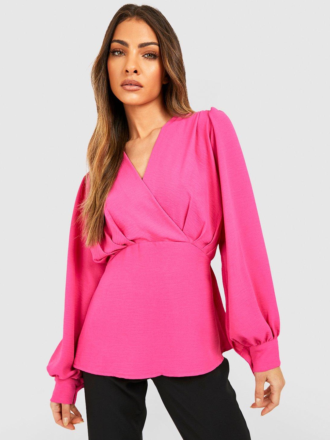 

Boohoo Puff Sleeves Layered Wrap Top, Pink