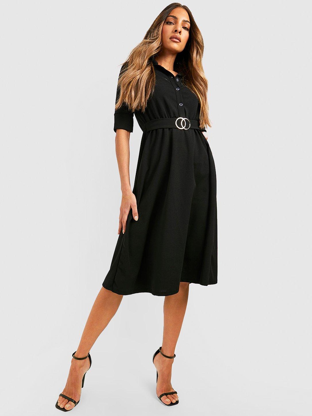

Boohoo Belted Midi Shirt Dress, Black