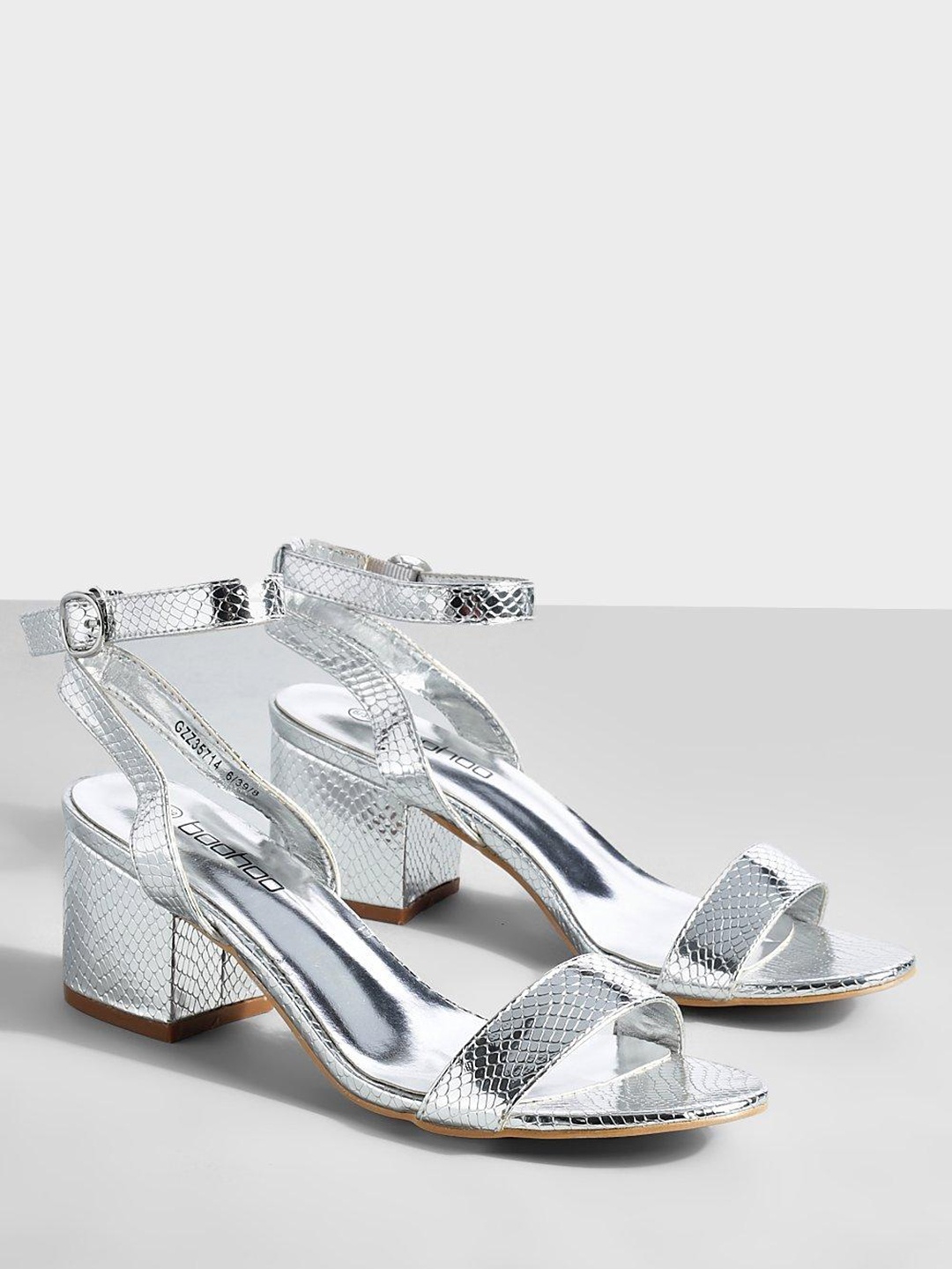 

Boohoo Women Snakeskin Textured Mid-Top Block Heels, Silver
