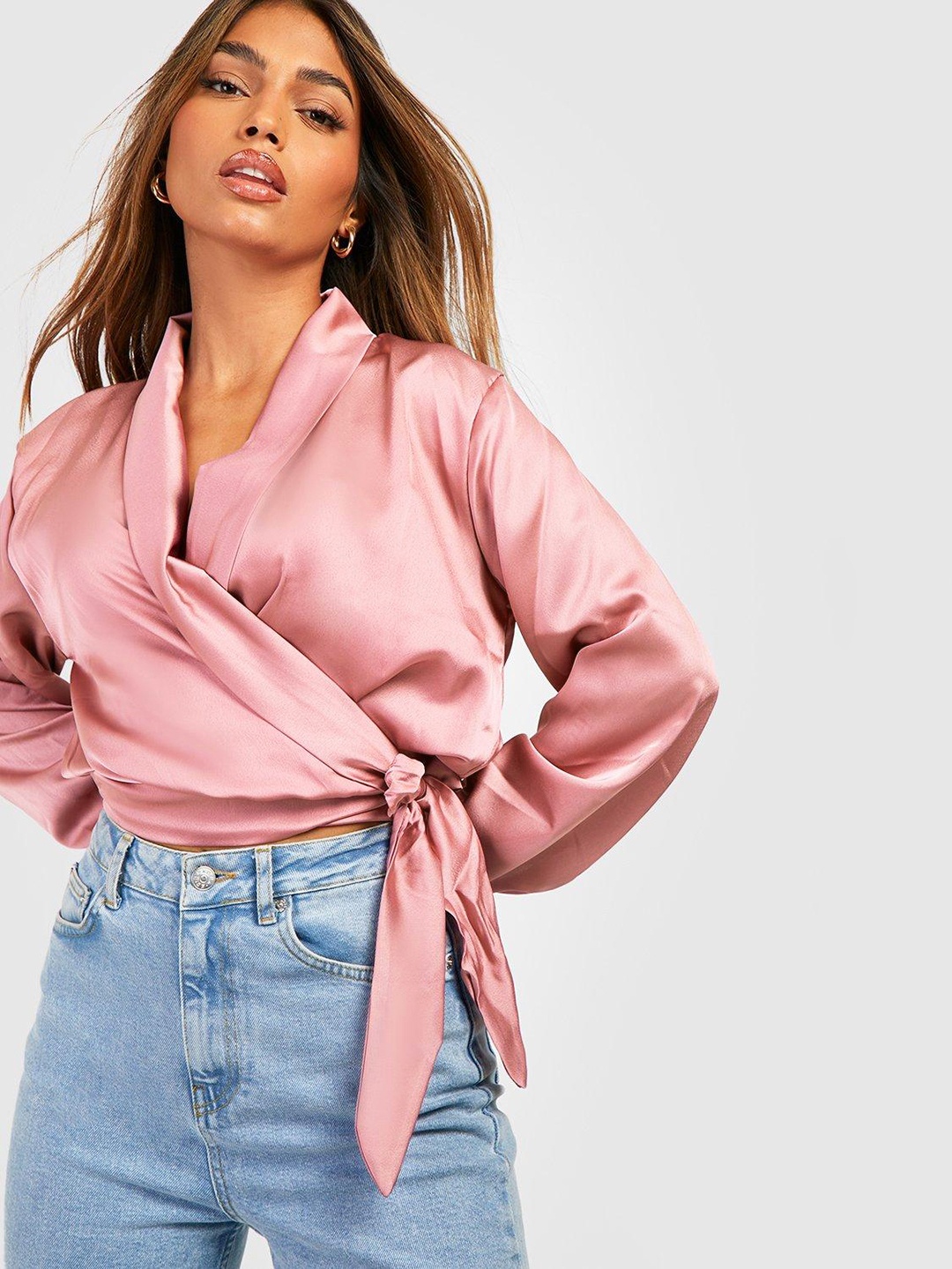 

Boohoo Satin Wrap Crop Top, Pink