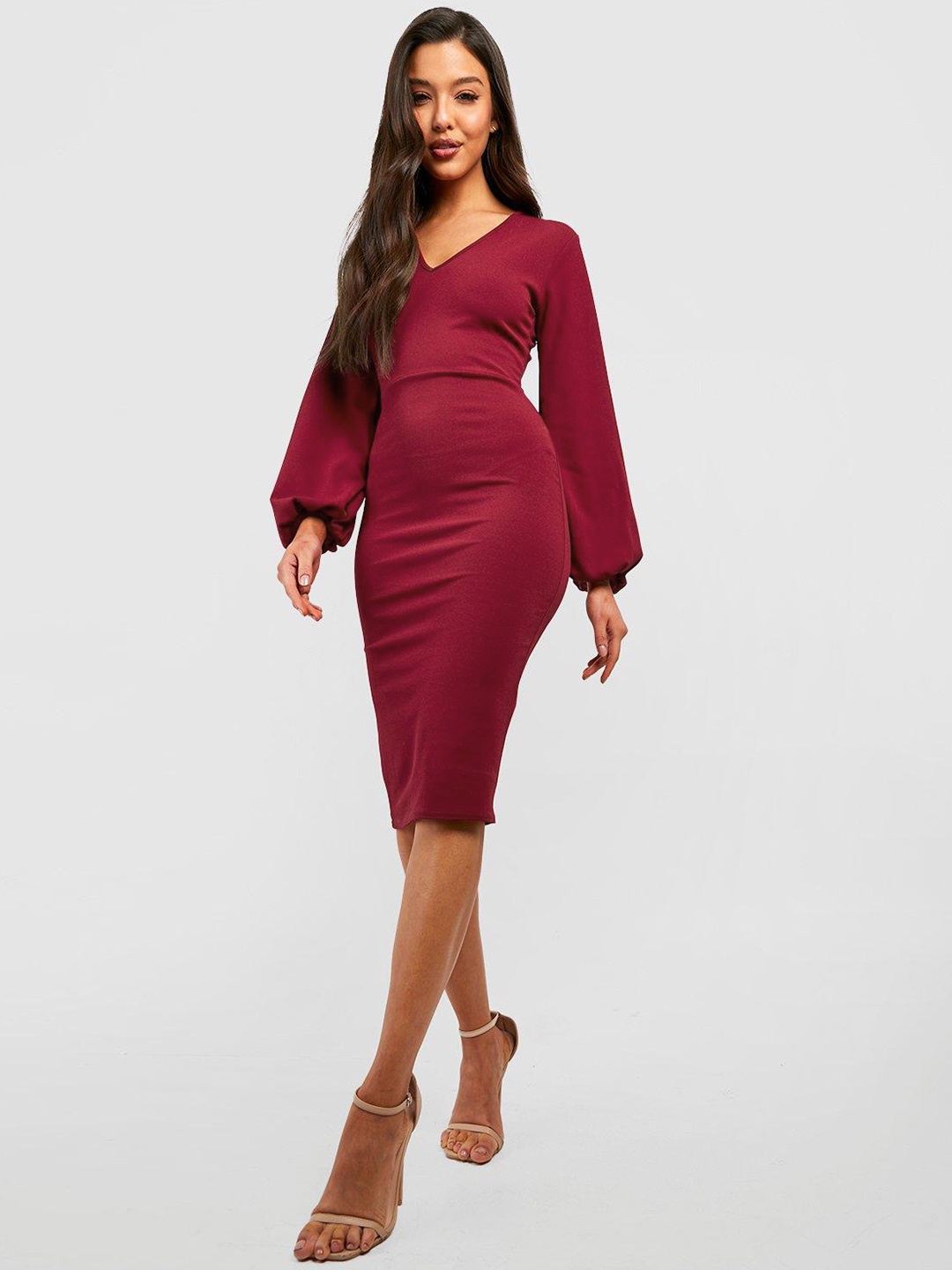 

Boohoo Puff Sleeve Bodycon Dress, Maroon