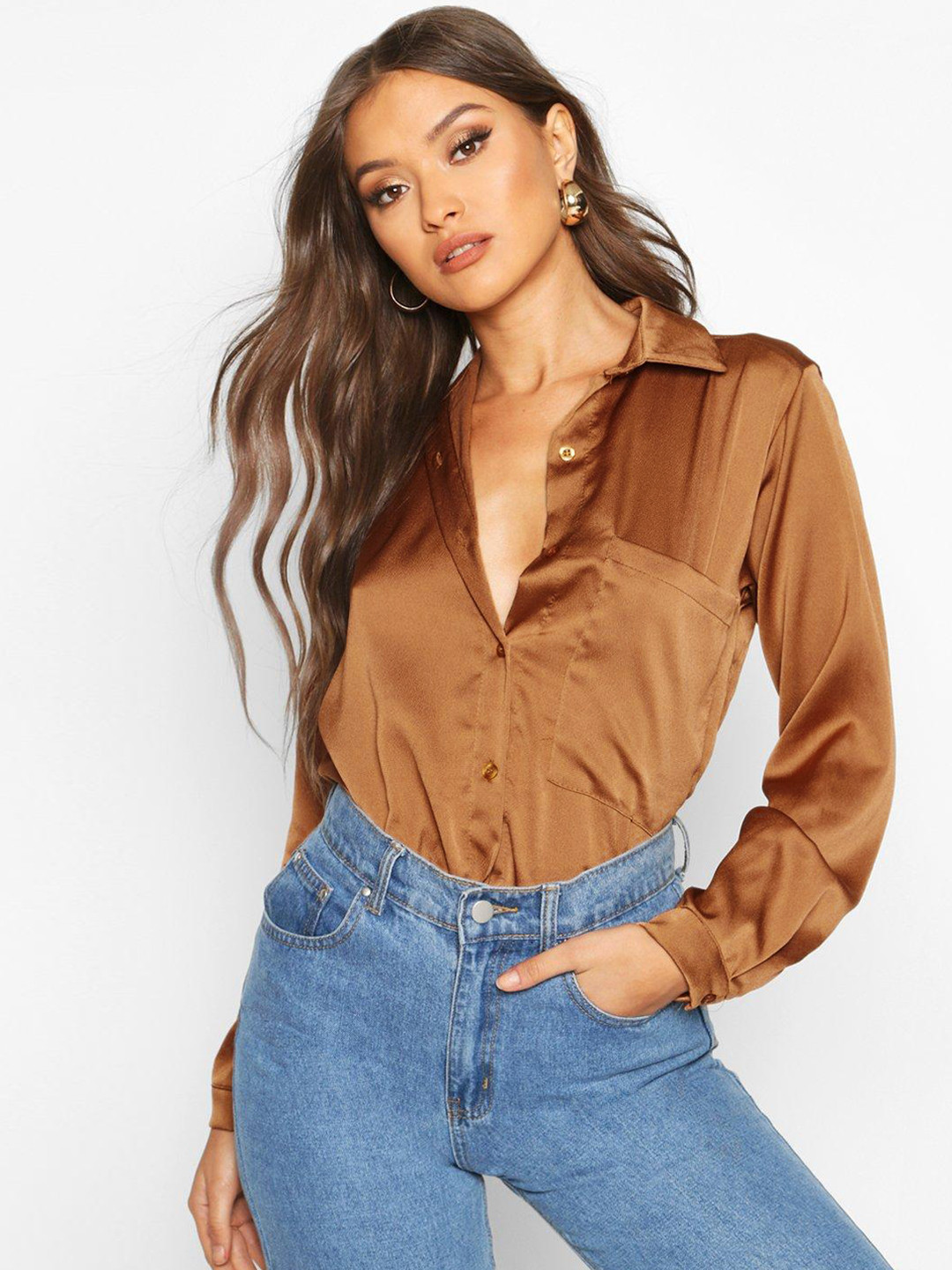 

Boohoo Women Oversized Satin Casual Shirt, Brown