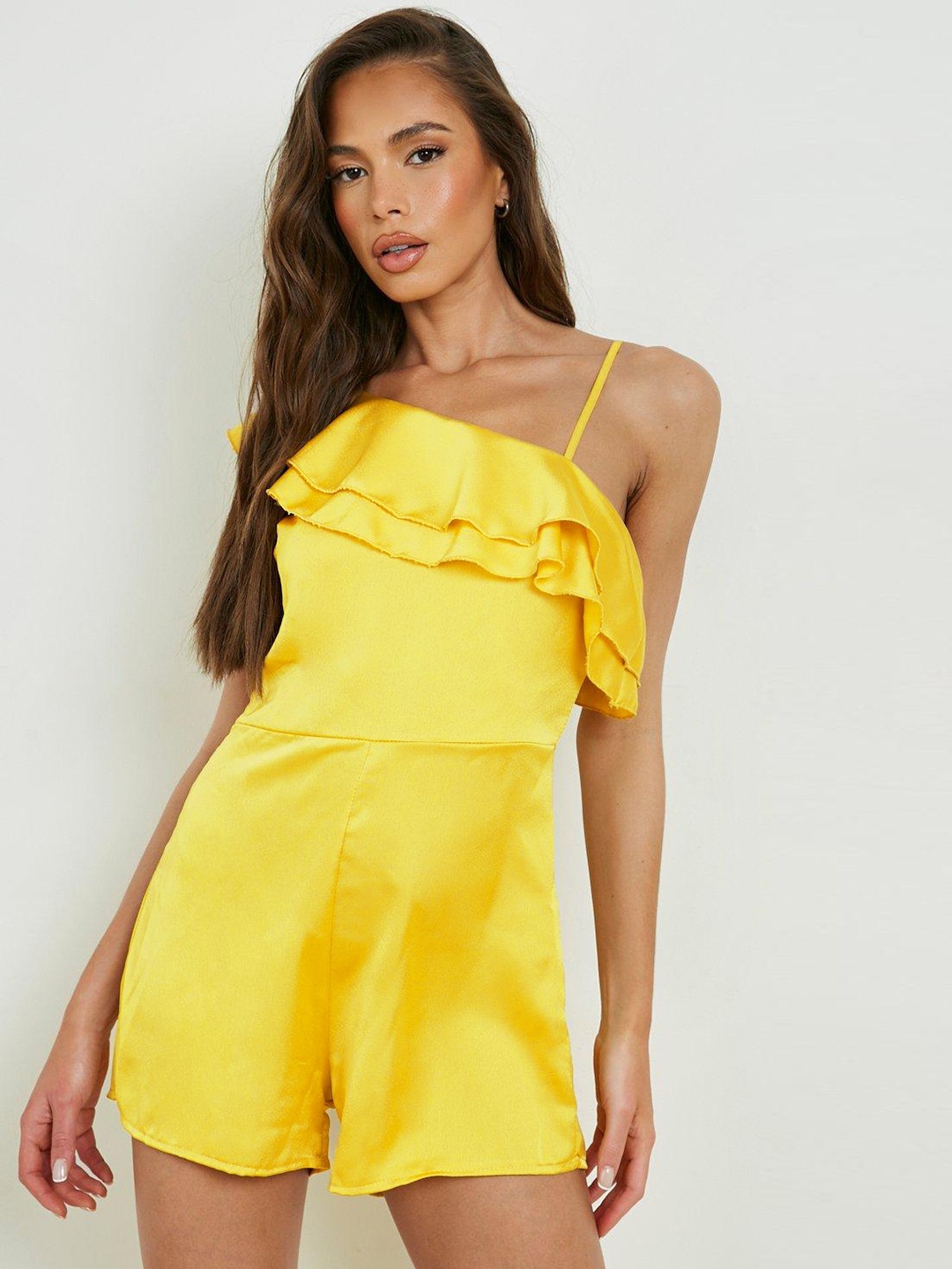 

Boohoo Satin Finish Ruffled One-Shoulder Playsuit, Mustard