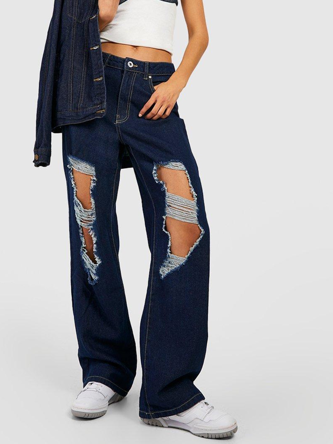 

Boohoo Women Pure Cotton Ripped Boyfriend Fit Jeans, Navy blue
