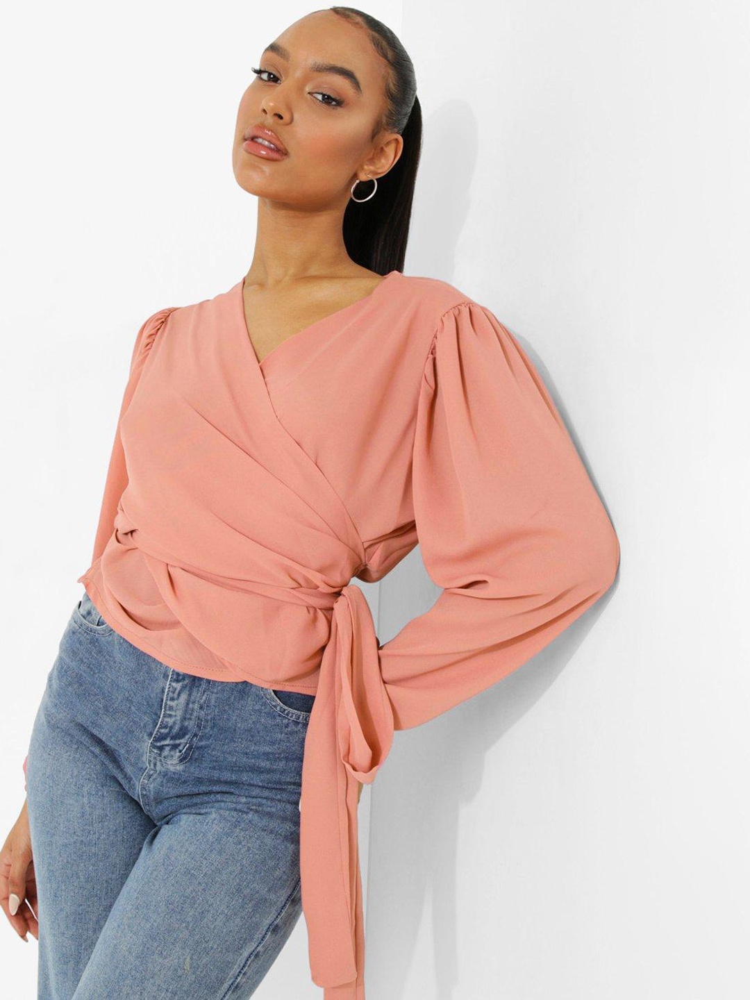 

Boohoo Puff Sleeve Wrap Top, Pink