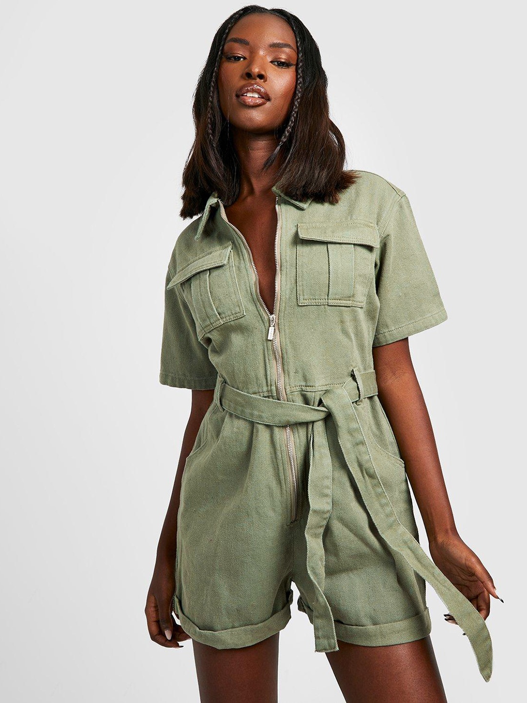

Boohoo Cargo Denim Playsuit With Belt, Green