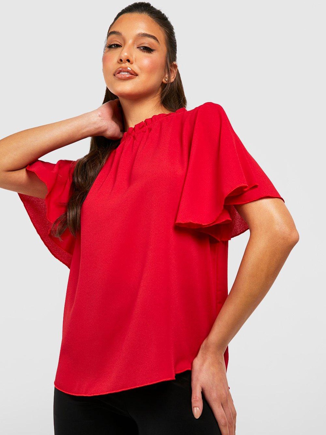 

Boohoo Textured Flutter Sleeve Top, Red