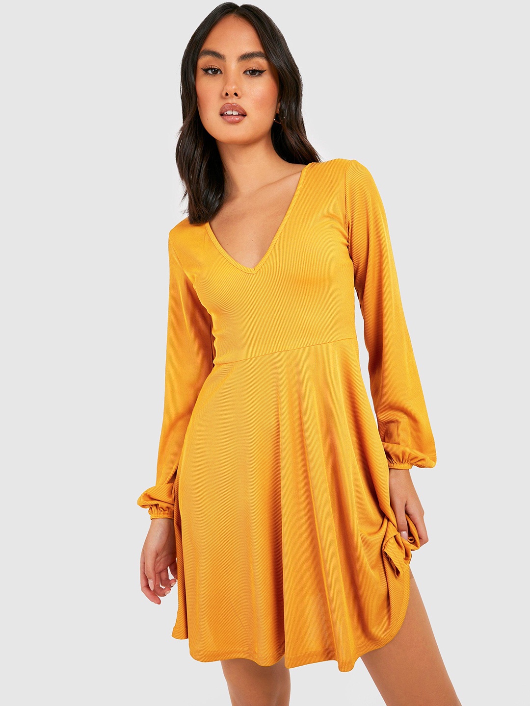 

Boohoo Ribbed Puff Sleeve Fit & Flare Dress, Mustard