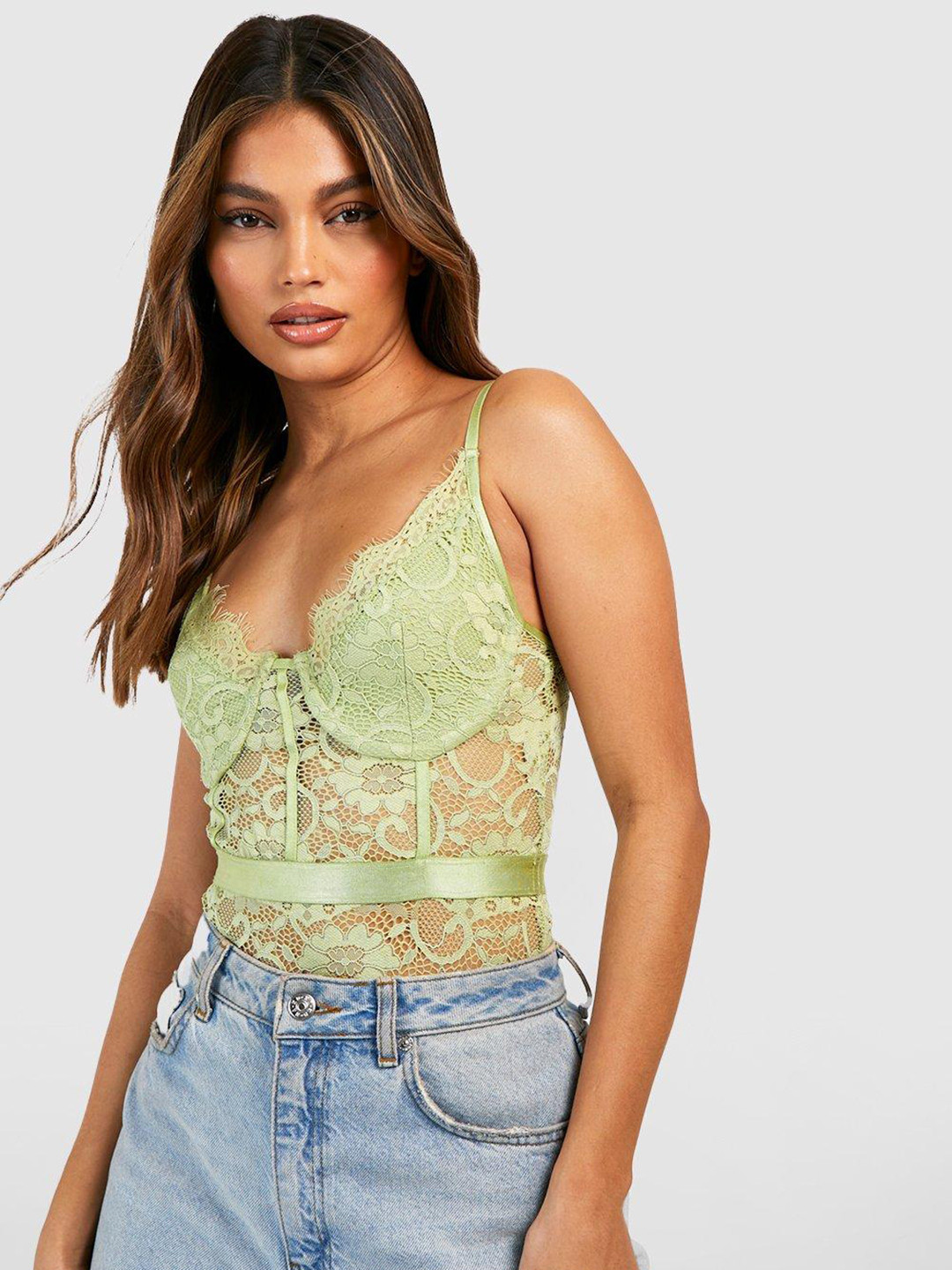 

Boohoo Women Lace Corset Bodysuit, Green
