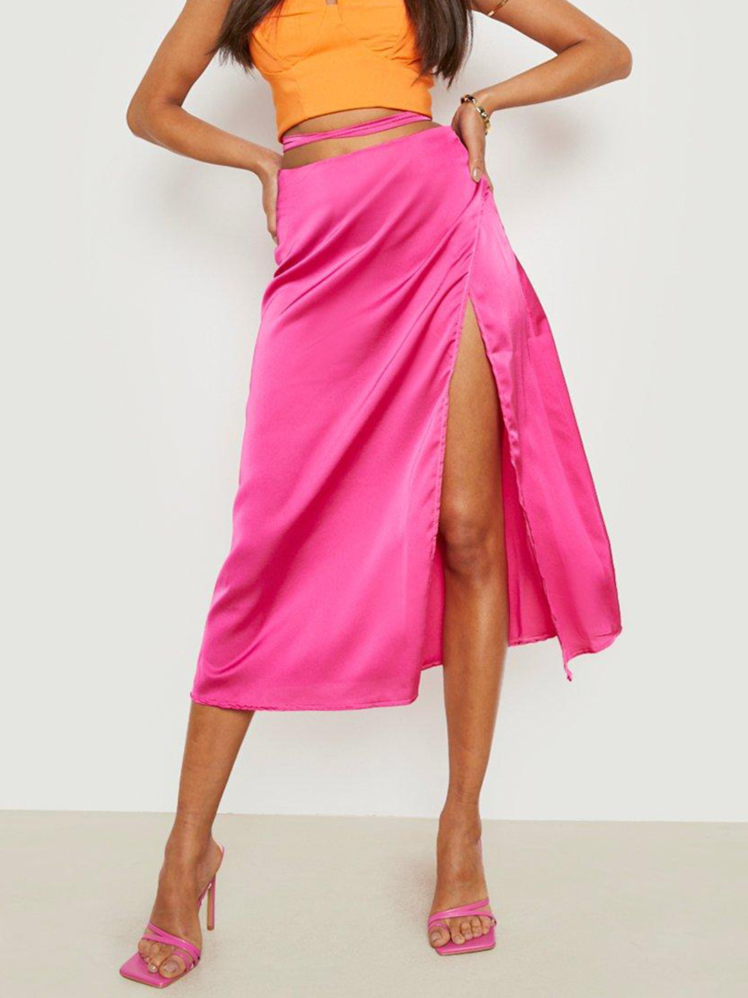 

Boohoo Satin Finish Tie Waist High-Slit Slip Skirt, Pink