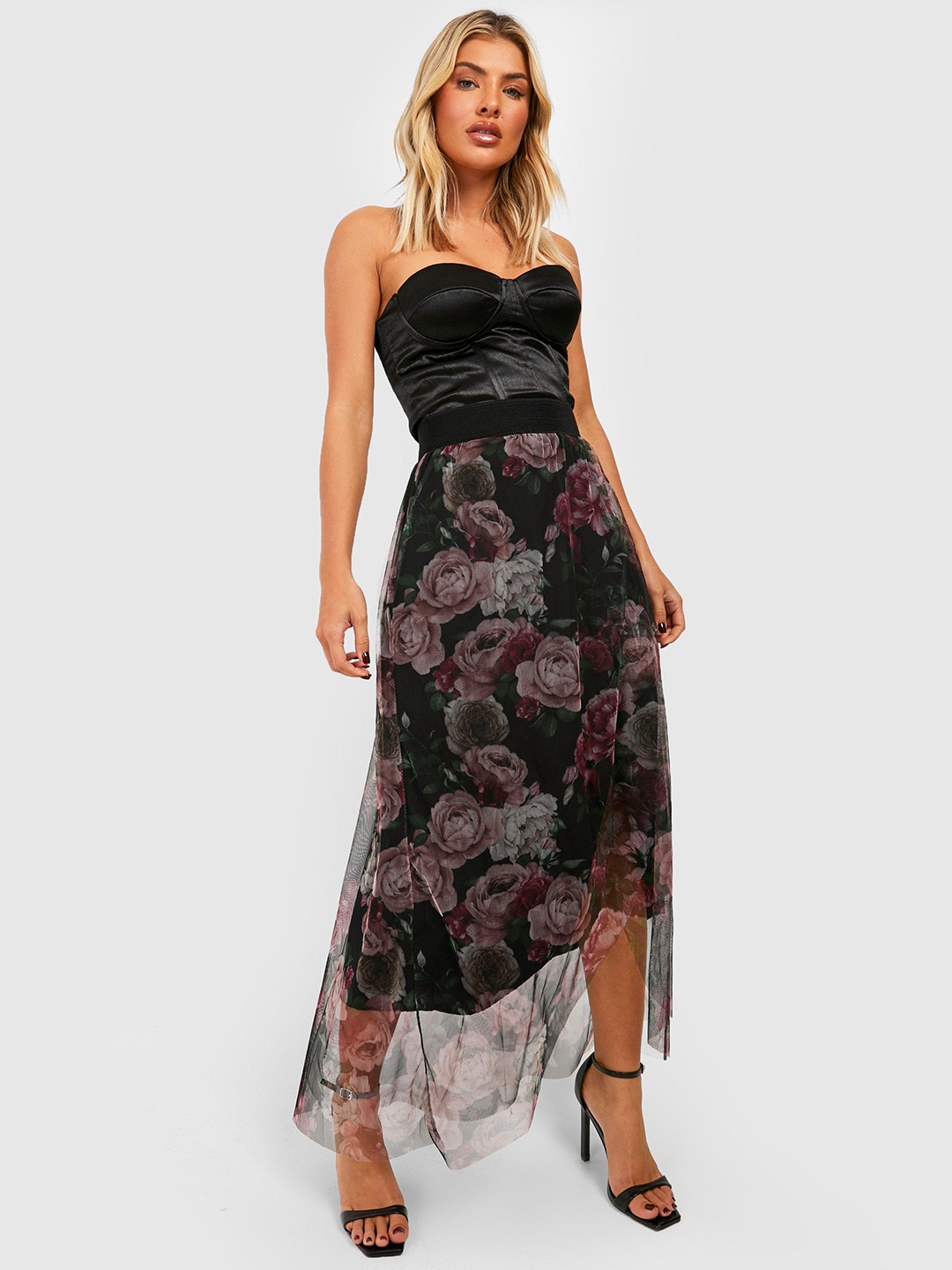 

Boohoo Floral Mesh Maxi A-Line Skirt, Black