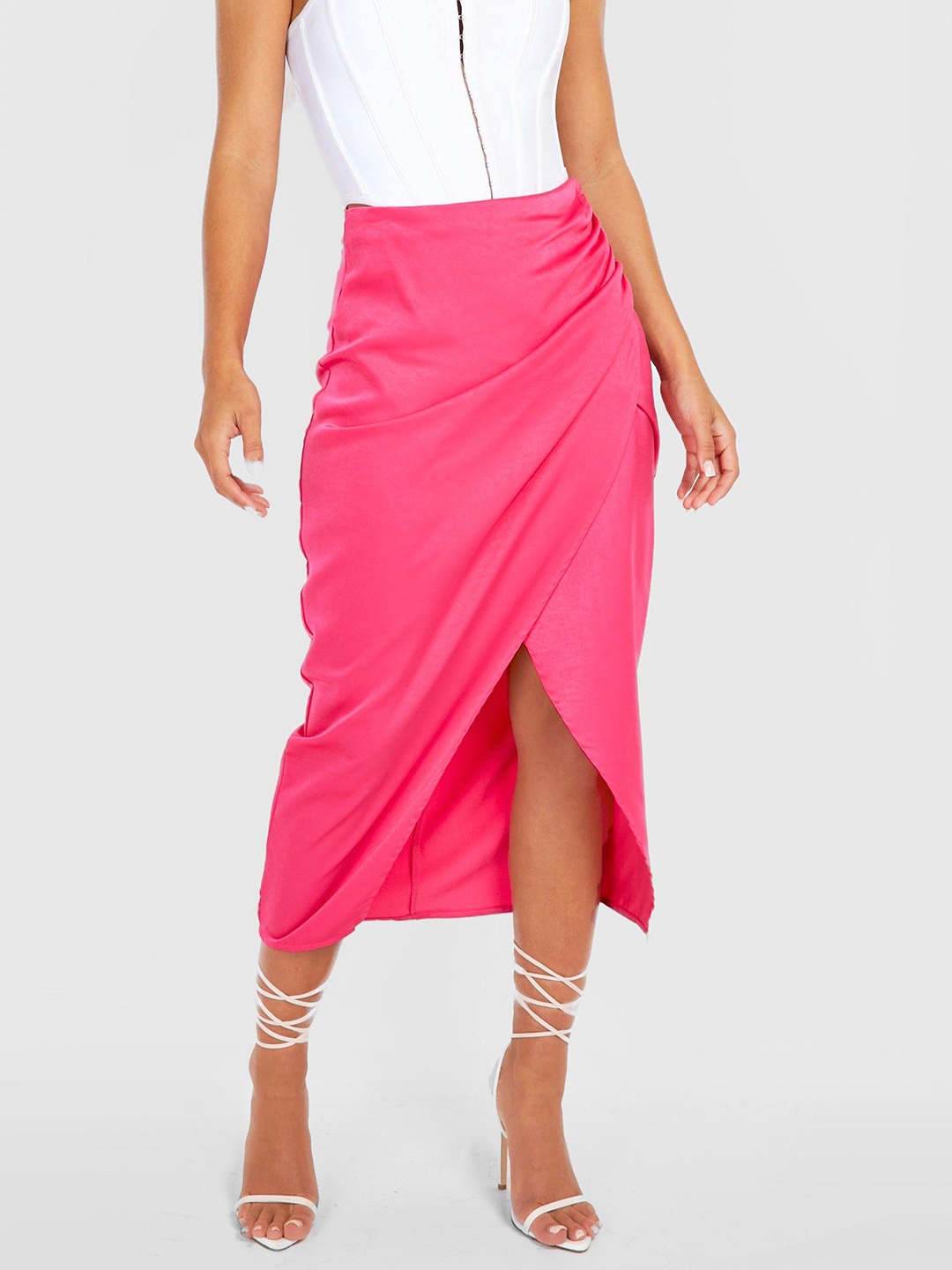 

Boohoo Pleated Wrap Midi Skirt, Pink