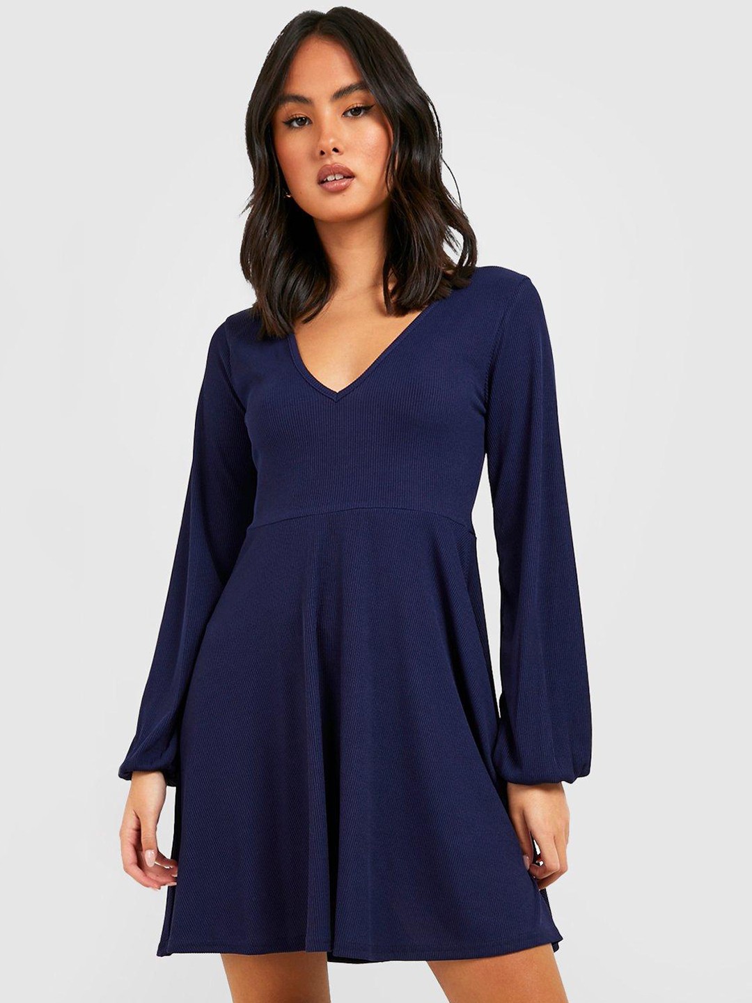 

Boohoo Ribbed A-Line Mini Dress, Navy blue