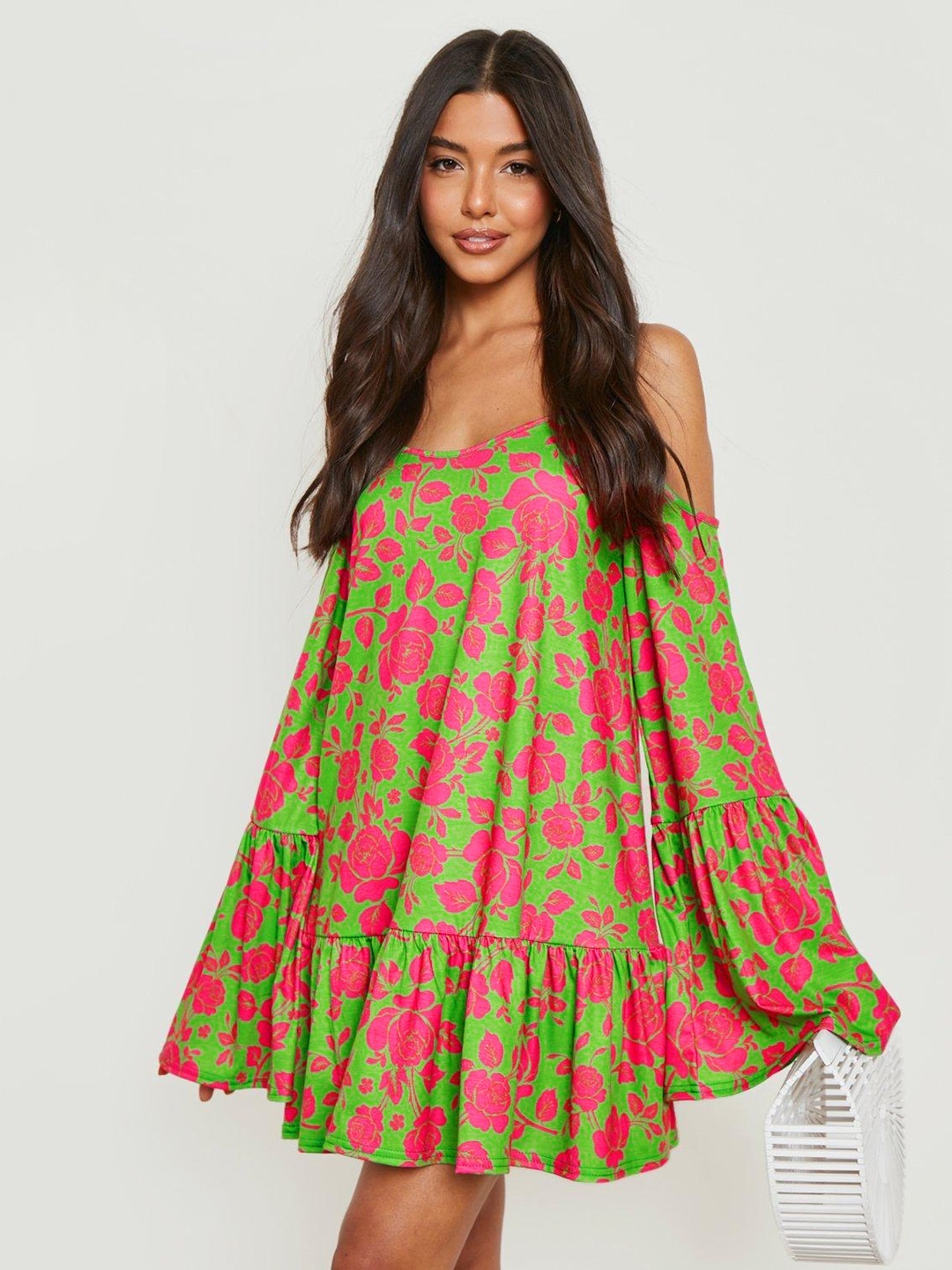 

Boohoo Floral Print Cold-Shoulder A-Line Dress, Green