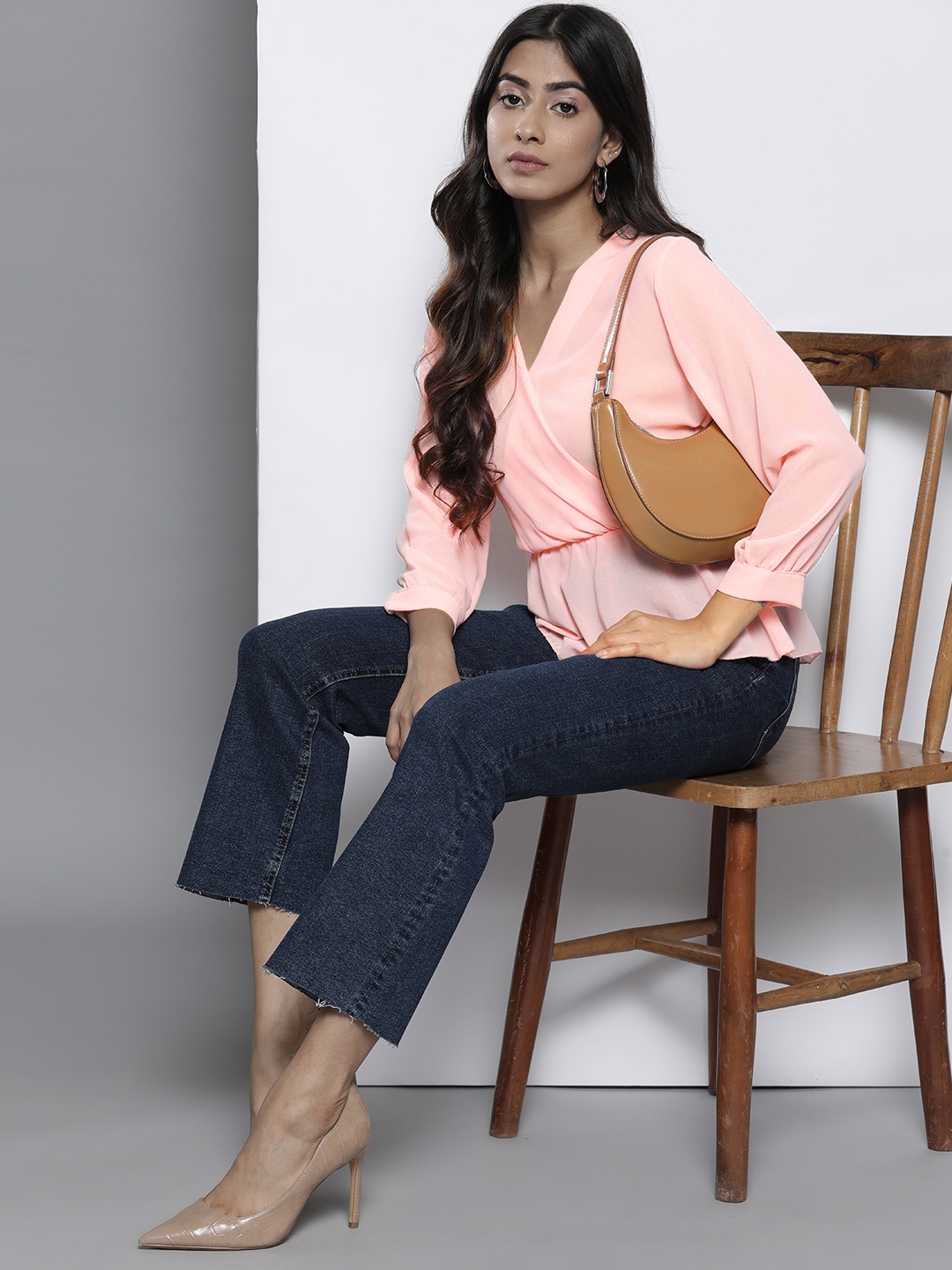 

Boohoo Puff Sleeve Wrap Top, Peach