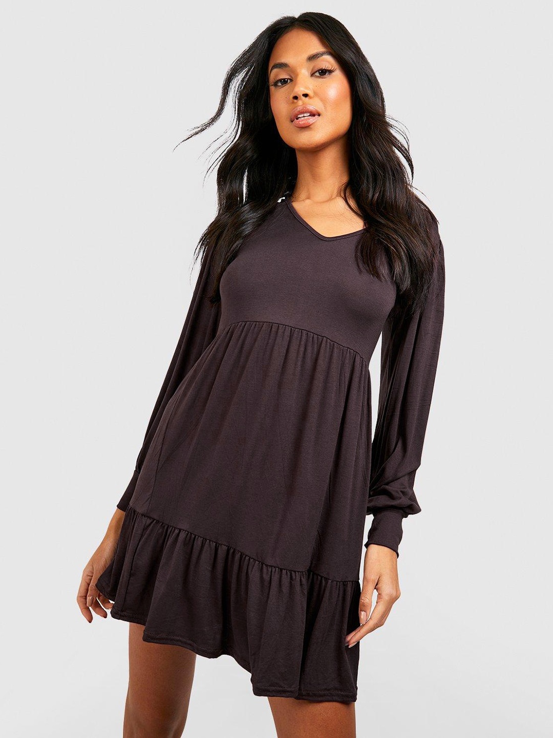 

Boohoo Puff Sleeve A-Line Mini Dress, Brown