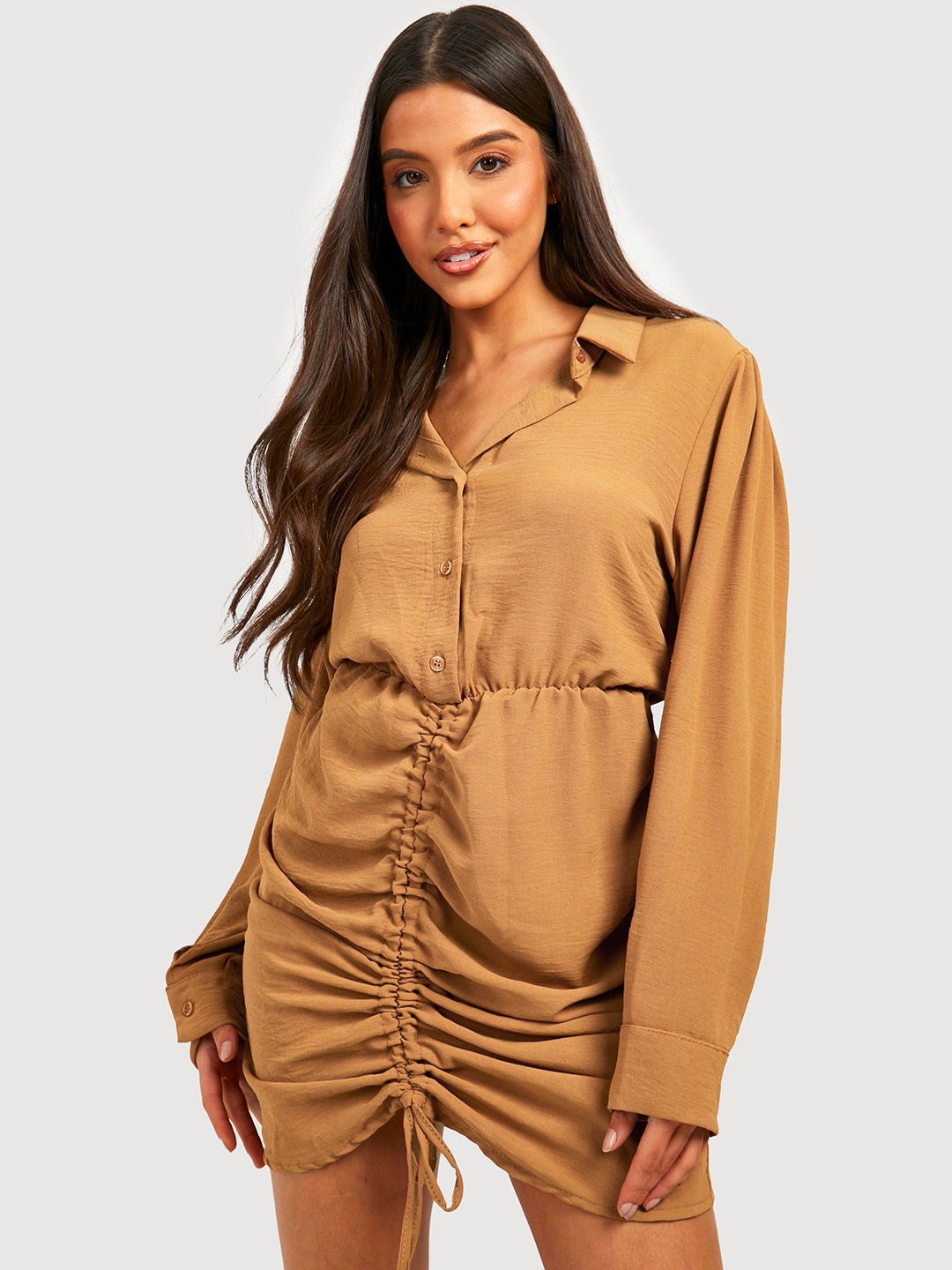 

Boohoo Ruched Solid Shirt Mini Dress, Brown