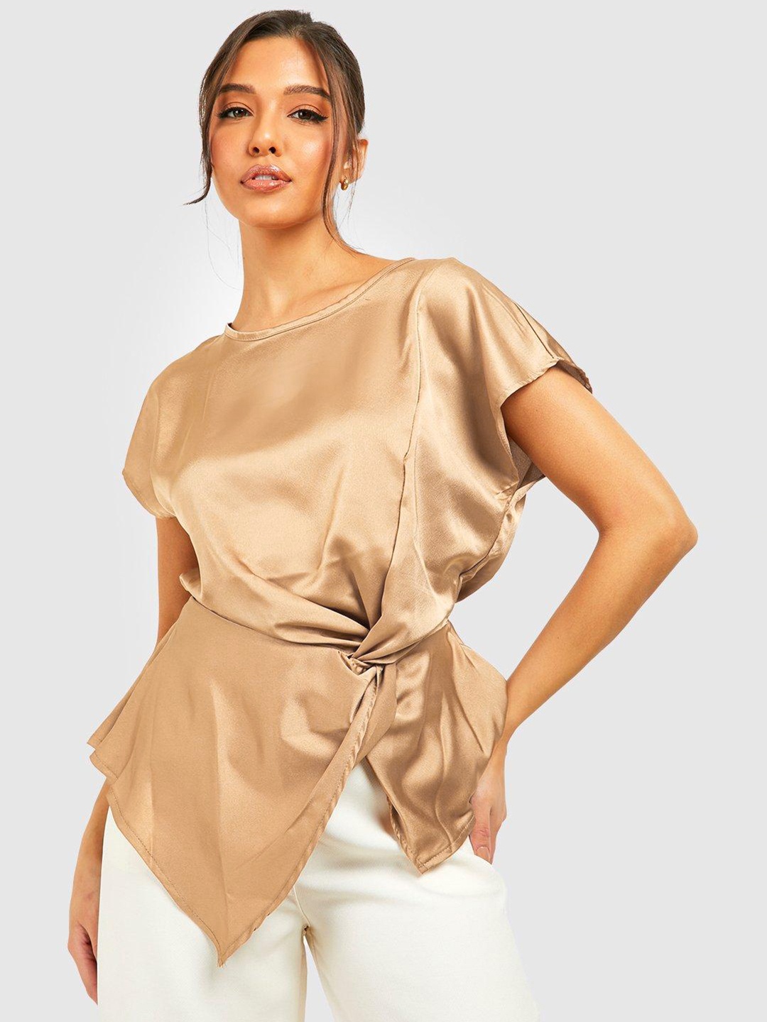 

Boohoo Twisted Satin Top, Brown