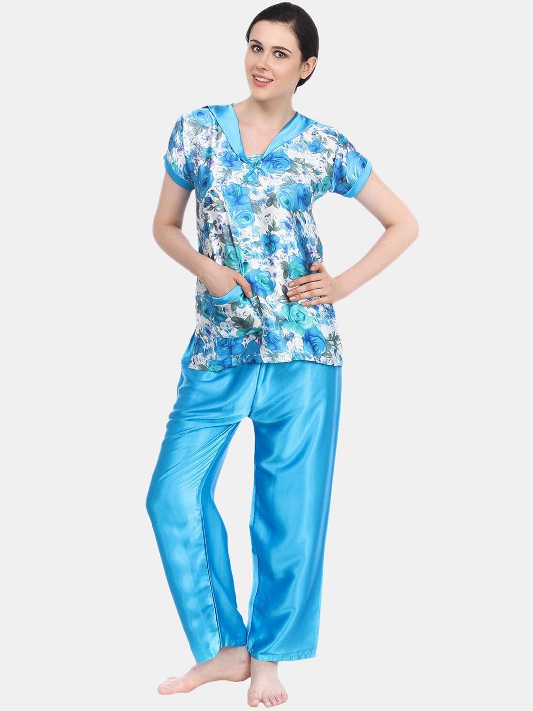 

Fasense Floral Printed V Neck Lace Up Detail Satin Night Suit, Blue