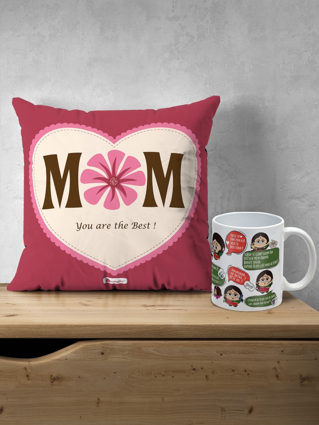 

Indigifts Mom You Are Best Printed Pre-Filled Cushion & Her Dialogues Printed Coffee Mug, Red