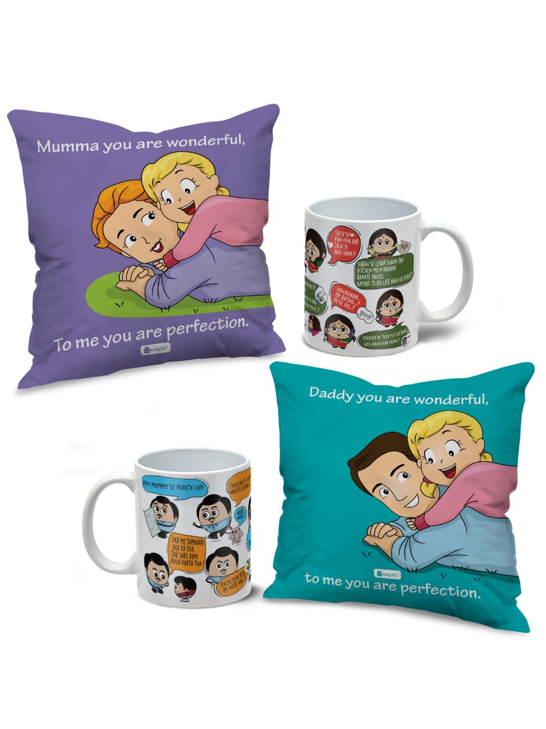 

Indigifts Printed Cushions with Dialogue Printed Coffee Mugs, Green