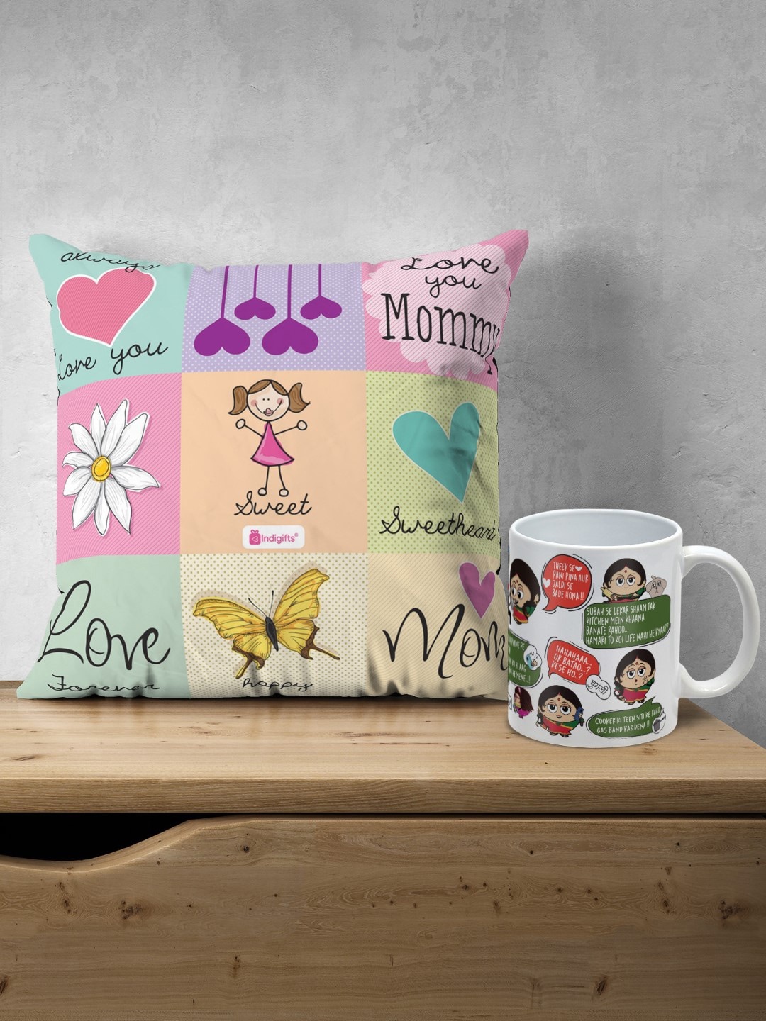 

Indigifts Set Of Love You Mom Print Pre-Filled Cushion & Mom's Dialogue Print Coffee Mug, Green