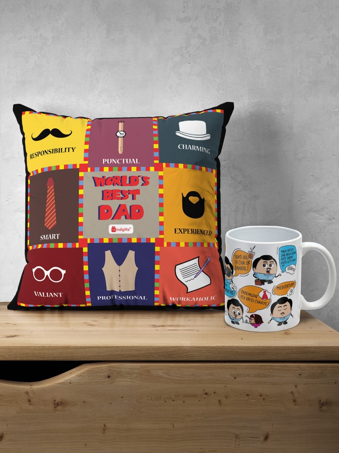 

Indigifts World's Best Dad Printed Pre-Filled Cushion & Dad's Dialogues Printed Mug, White