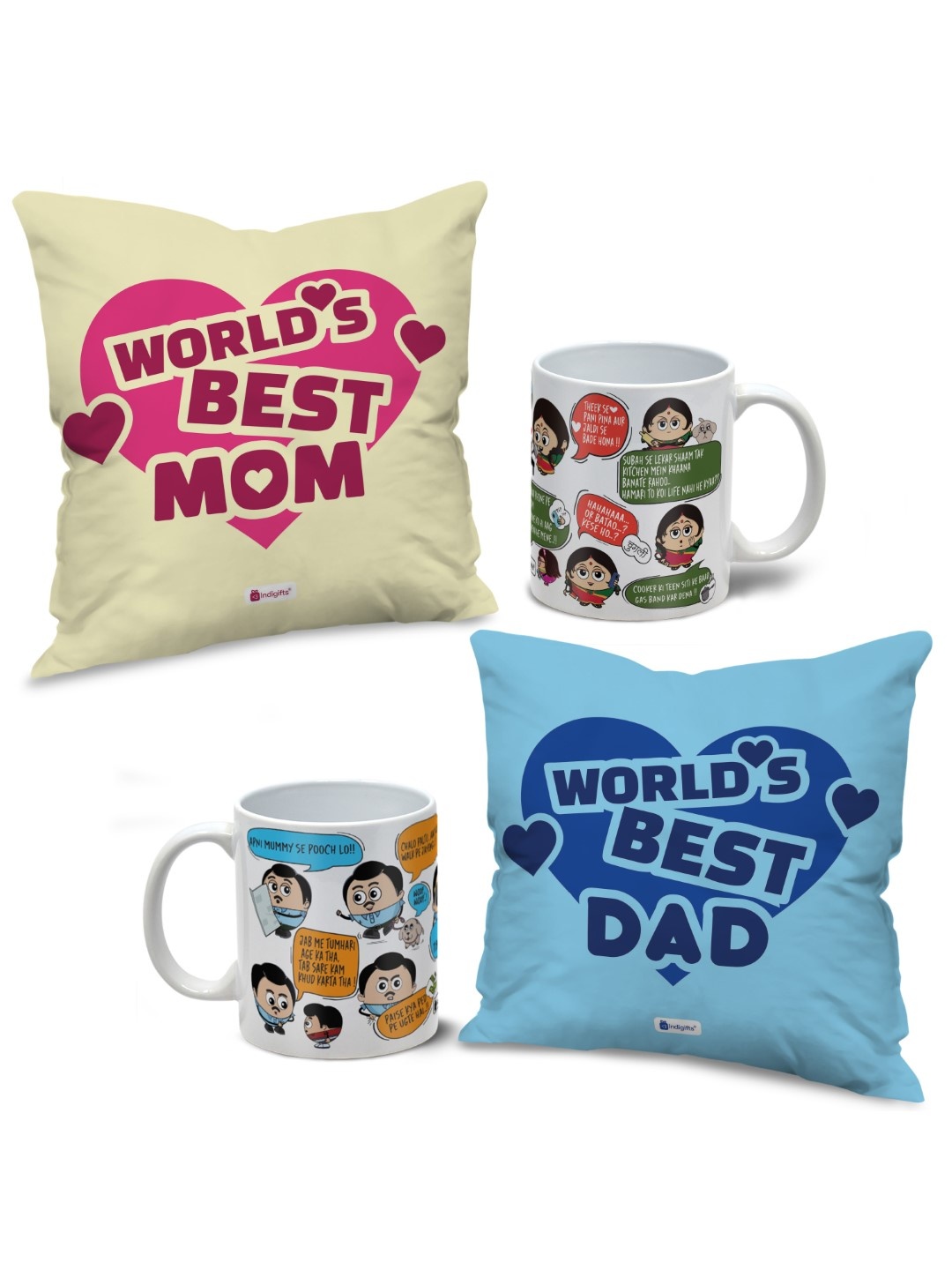 

Indigifts World's Best Mom & Dad Printed Pre-Filled Cushions With Printed Coffee Mugs, Blue