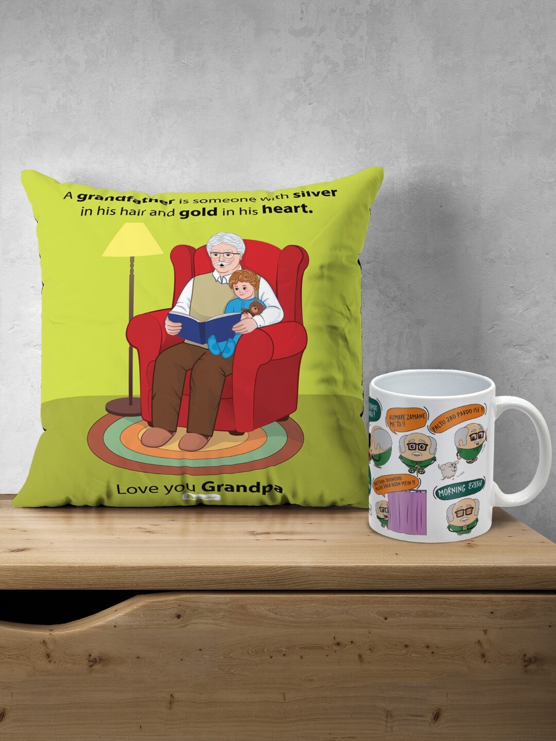 

Indigifts Love You Grandpa Pre-Filled Cushion with Grandpa's Dialogues Ceramic Coffee Mug, Green