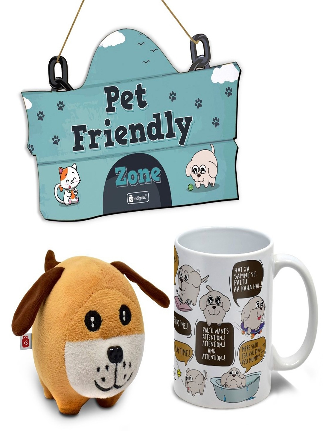 

Indigifts Pet Friendly Zoned Printed Wall Hanging with Printed Coffee Mug and a Soft Toy, White