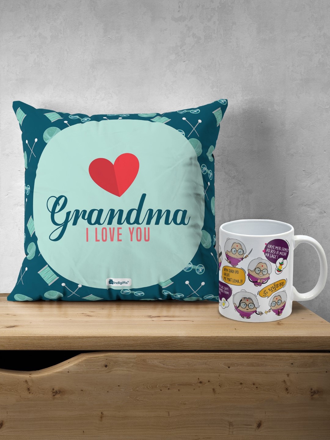 

Indigifts Set Of Grandma I Love You Print Cushion & Grandma's Dialogues Print Coffee Mug, Green