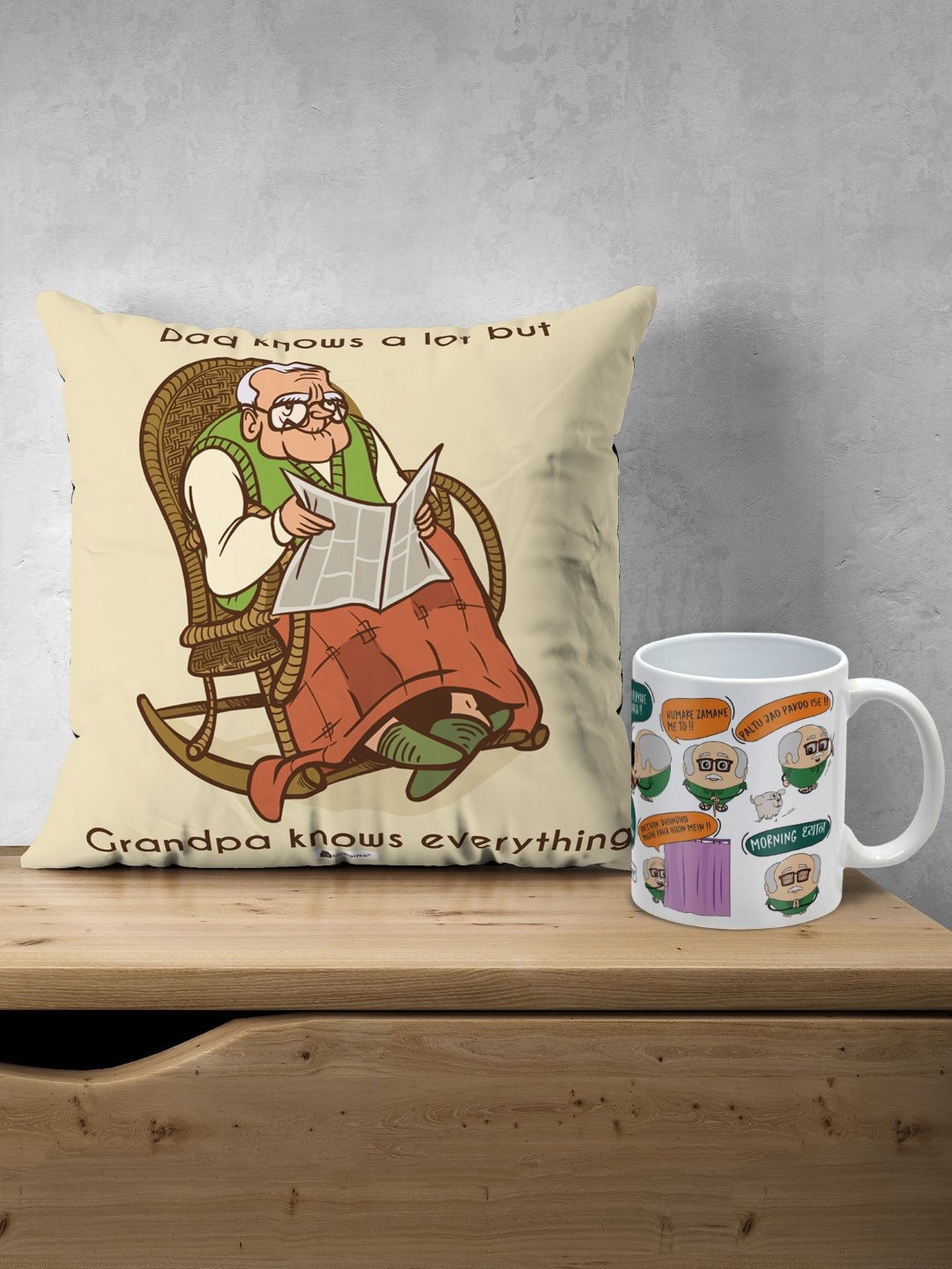 

Indigifts Grandpa Knows Everything Print Cushion & Grandpa's Dialogue Print Coffee Mug Set, White