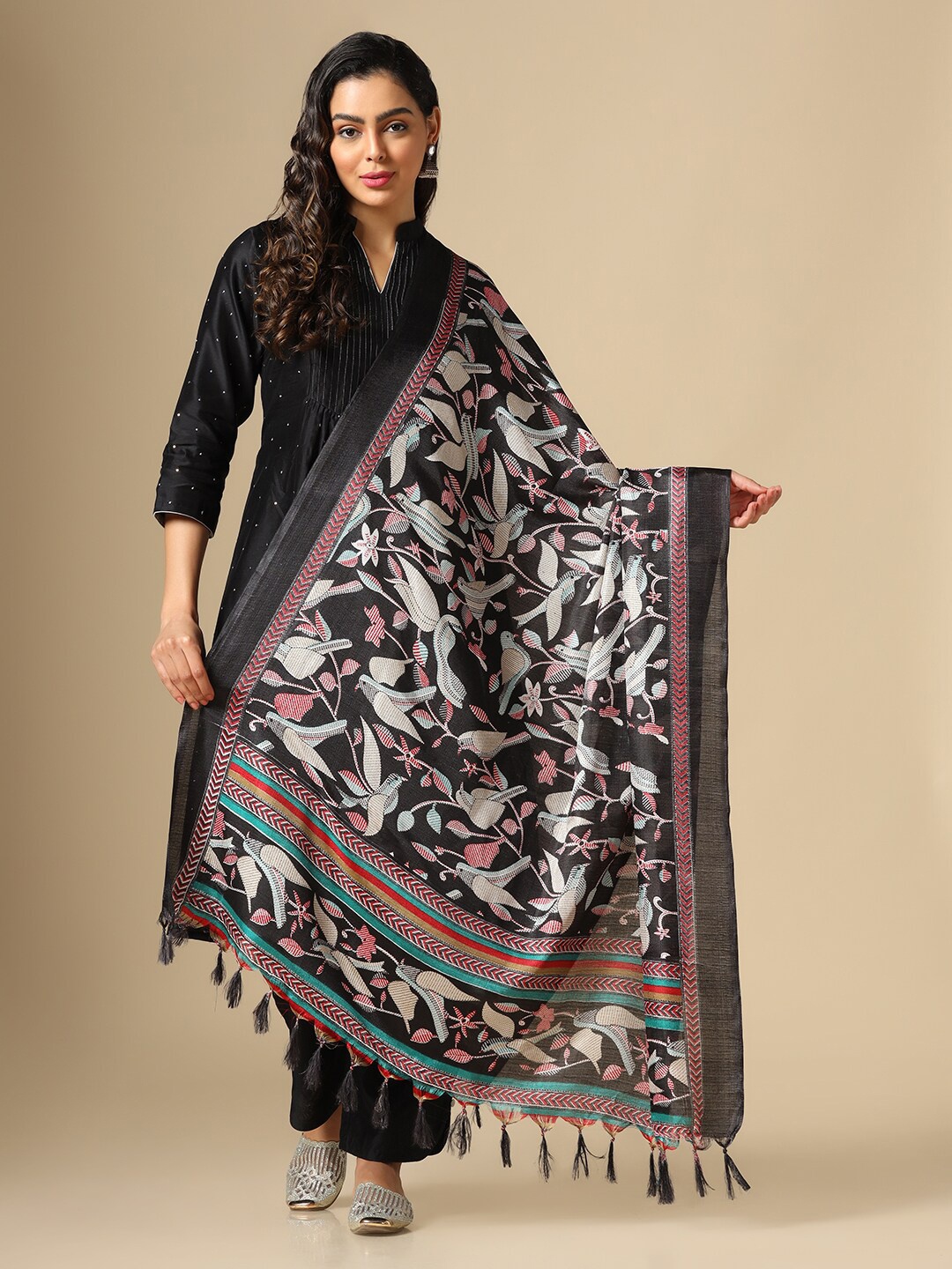 

Satrani Ethnic Motifs Printed Dupatta, Black