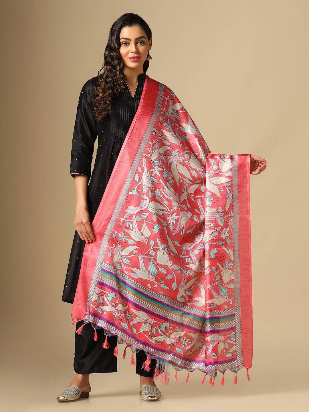 

Satrani Ethnic Motifs Woven Design Dupatta, Pink